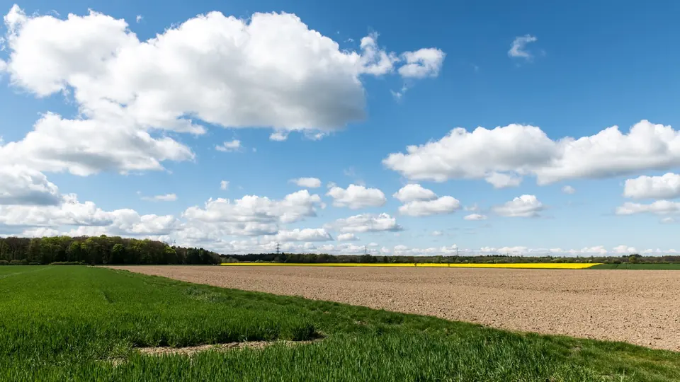 Idyllische Frühlingsszene mit landwirtschaftlichen Flächen, Feldern und Wolken in Lauenburg, Deutschland.